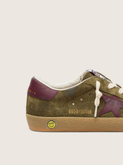 Golden Goose Junior Super-Star in military-green suede with burgundy leather star and heel tab