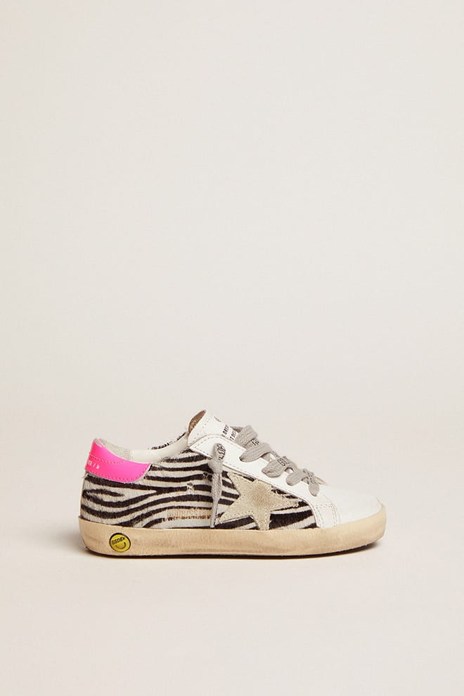 Golden Goose Junior Super-Star in leather and zebra-print pony skin with fuchsia heel tab