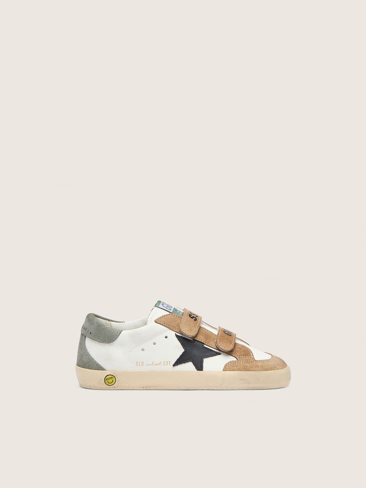 Golden Goose Junior Old School with black leather star and beige and green suede inserts