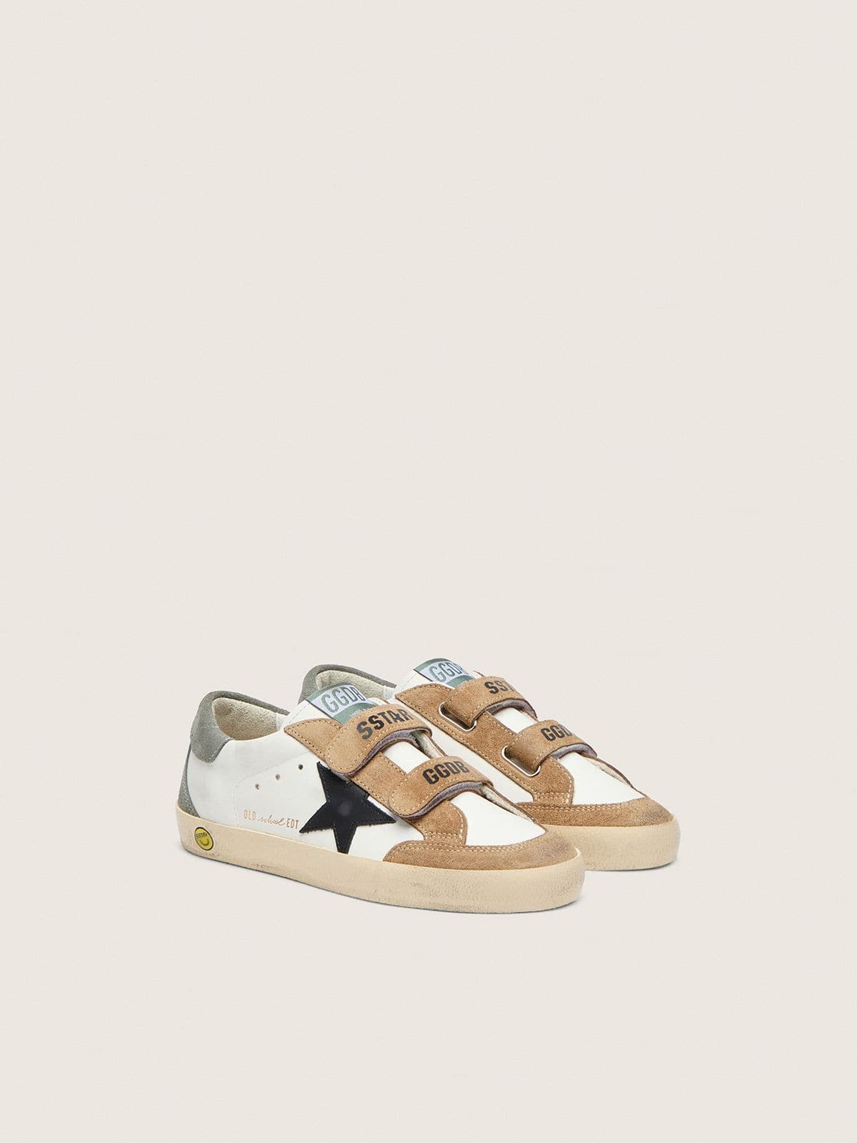 Golden Goose Junior Old School with black leather star and beige and green suede inserts
