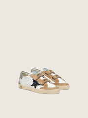 Golden Goose Junior Old School with black leather star and beige and green suede inserts
