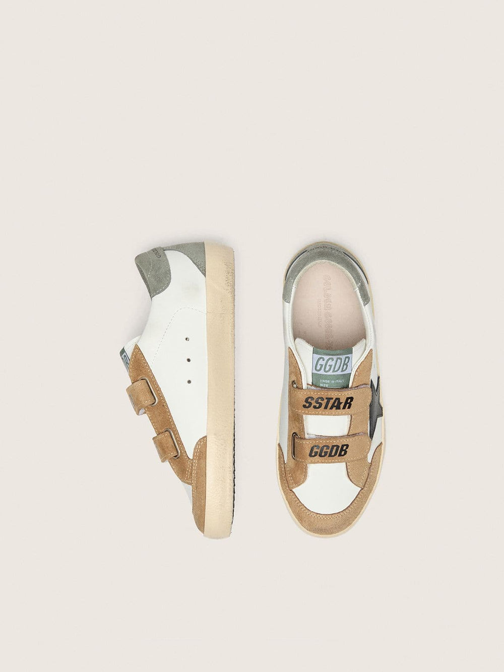 Golden Goose Junior Old School with black leather star and beige and green suede inserts