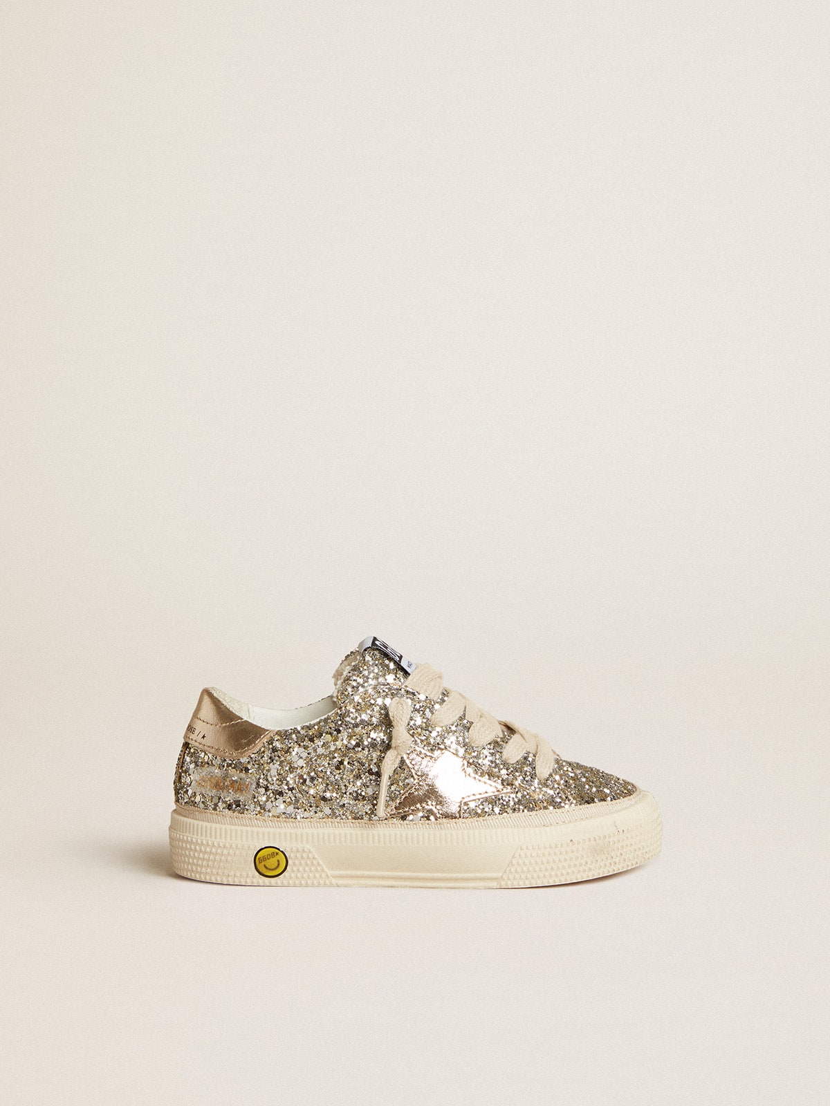 Golden Goose May Junior in platinum glitter with metallic leather star and heel tab