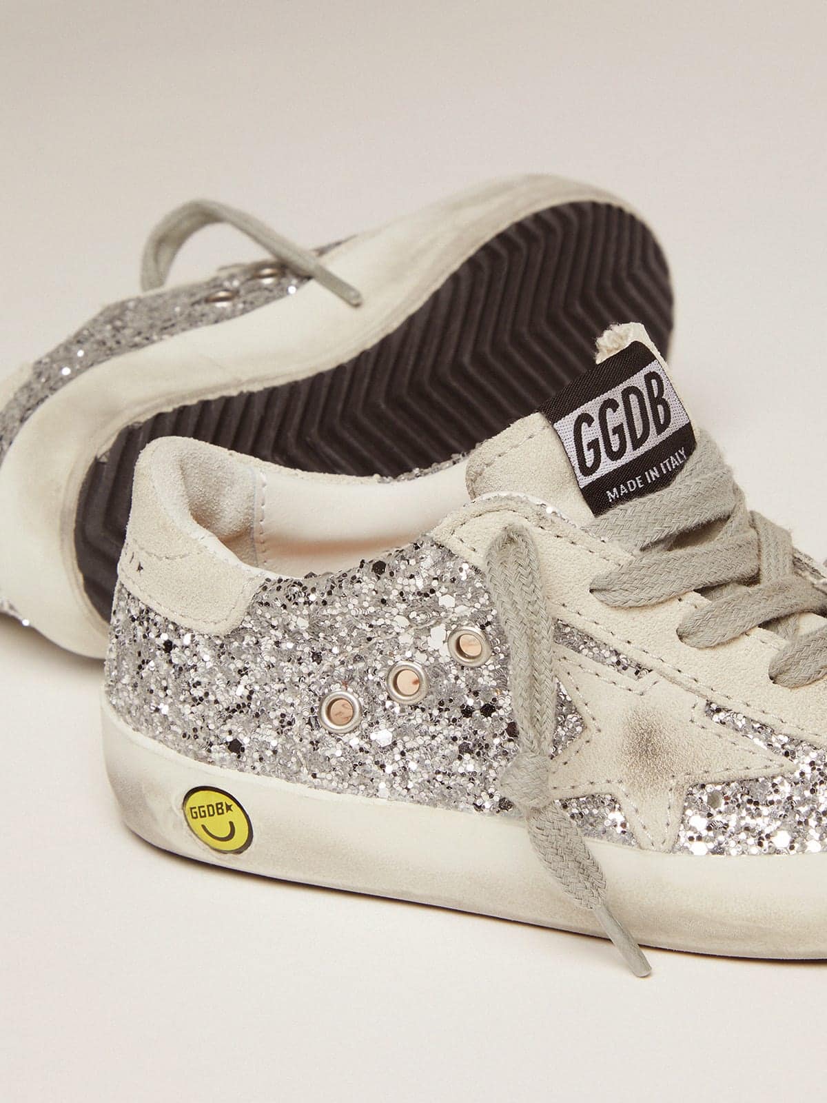 Golden Goose Junior Super-Star with silver glitter and suede details