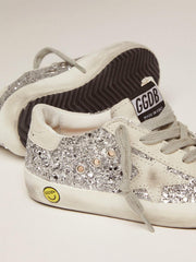 Golden Goose Junior Super-Star with silver glitter and suede details