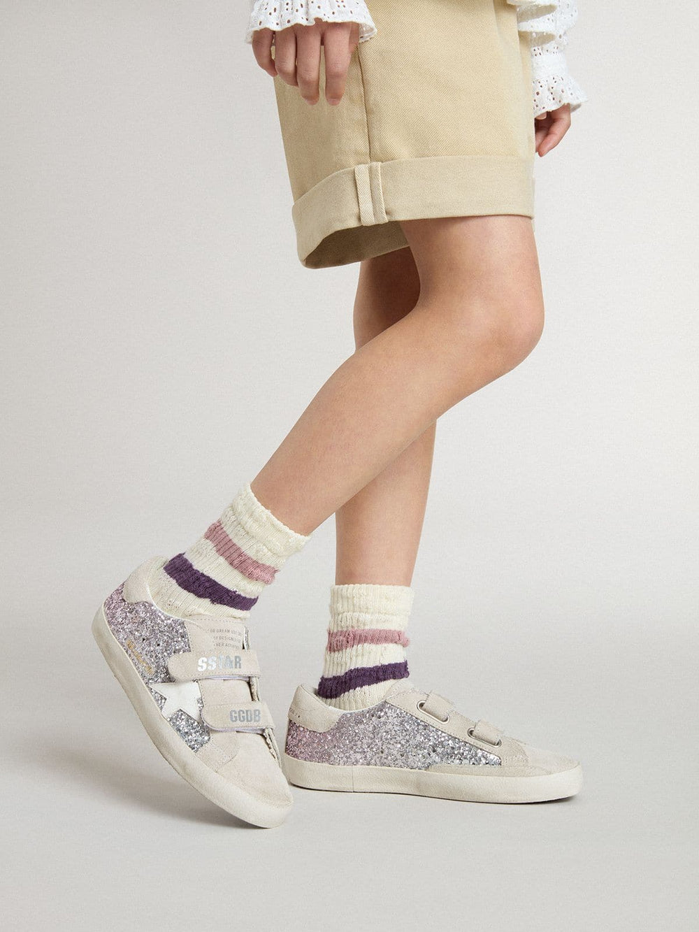 Golden Goose Junior Old School in silver and pink glitter with white leather star