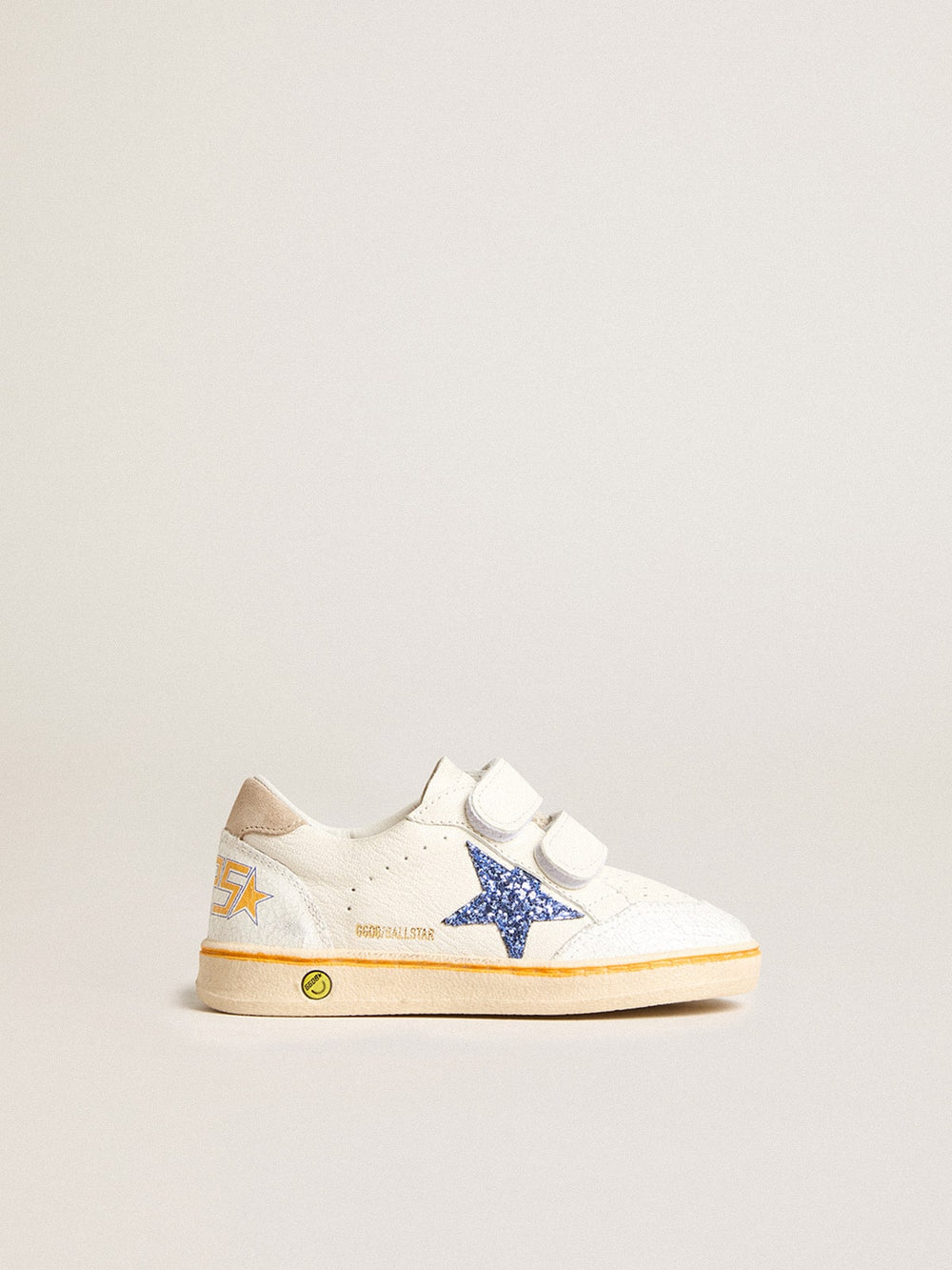 Golden Goose Junior Ball Star with blue glitter star and beige suede heel tab