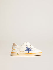 Golden Goose Junior Ball Star with blue glitter star and beige suede heel tab