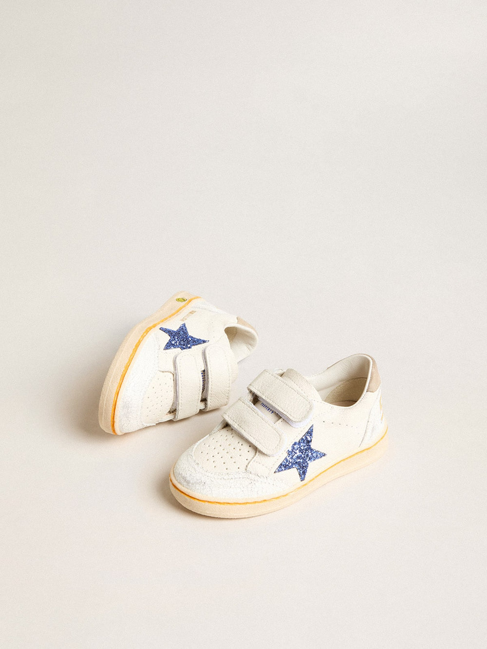 Golden Goose Junior Ball Star with blue glitter star and beige suede heel tab