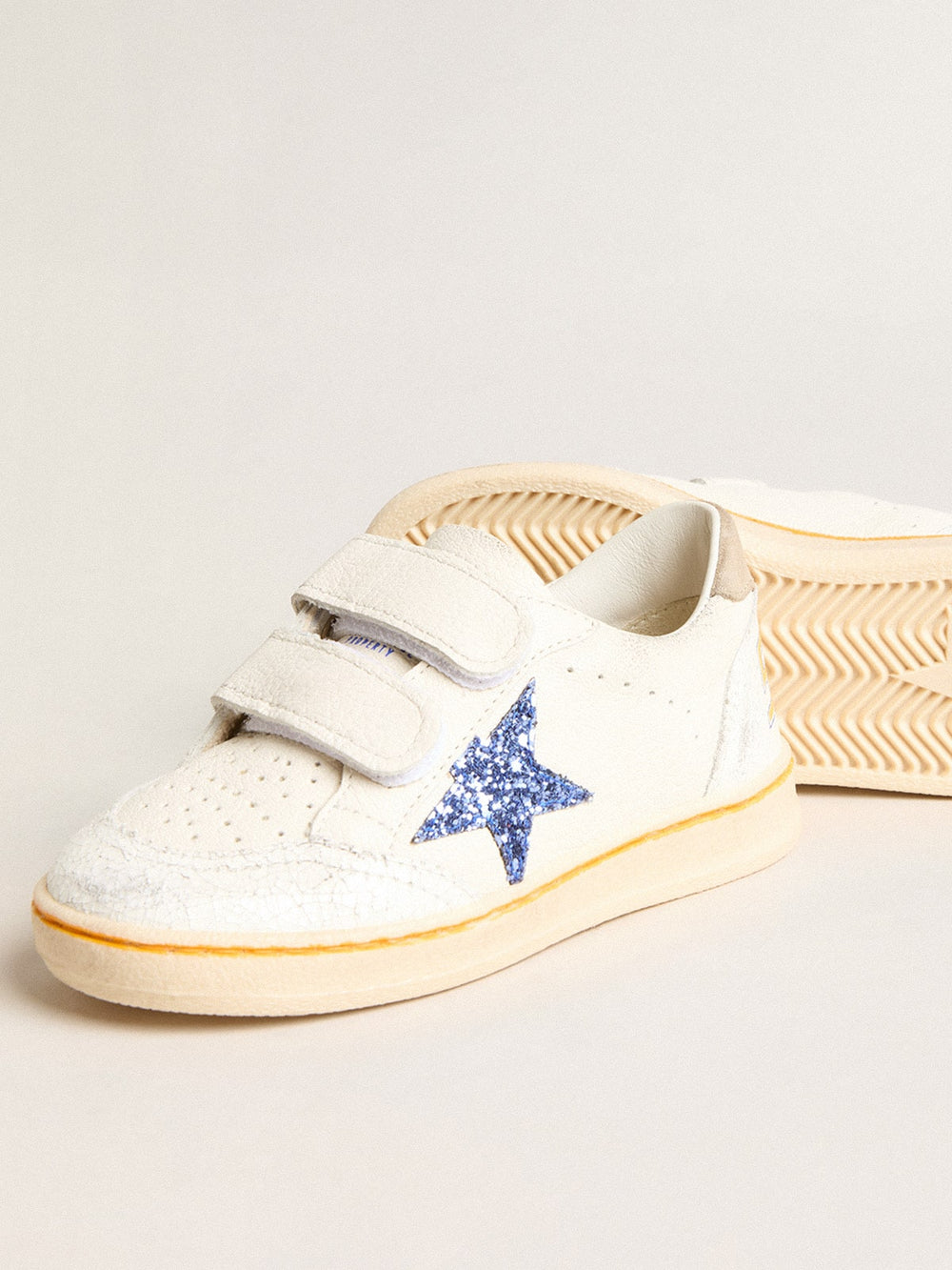 Golden Goose Junior Ball Star with blue glitter star and beige suede heel tab