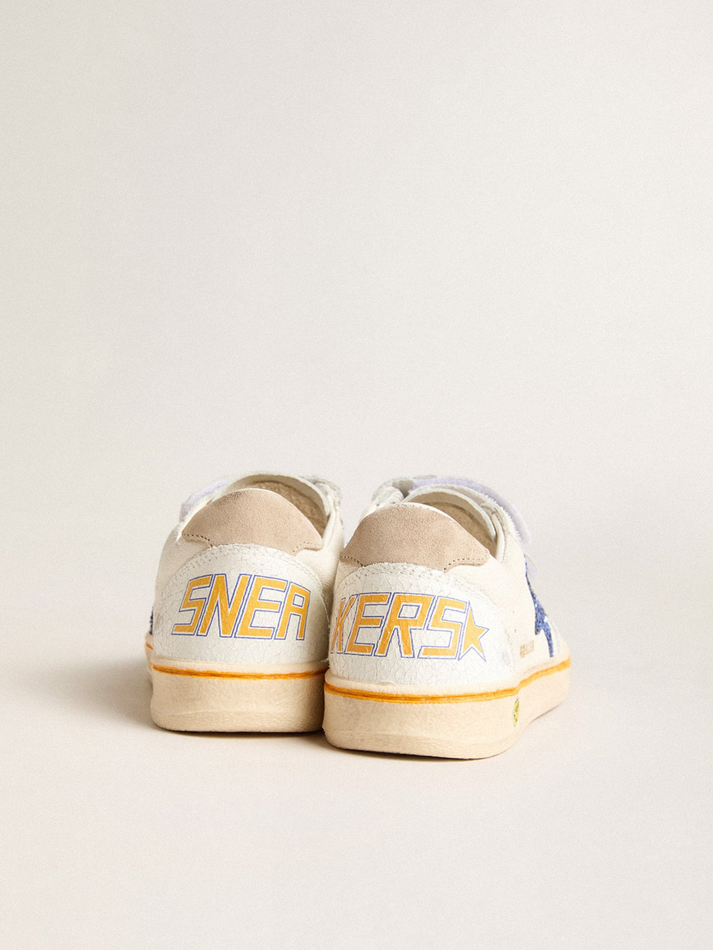 Golden Goose Junior Ball Star with blue glitter star and beige suede heel tab