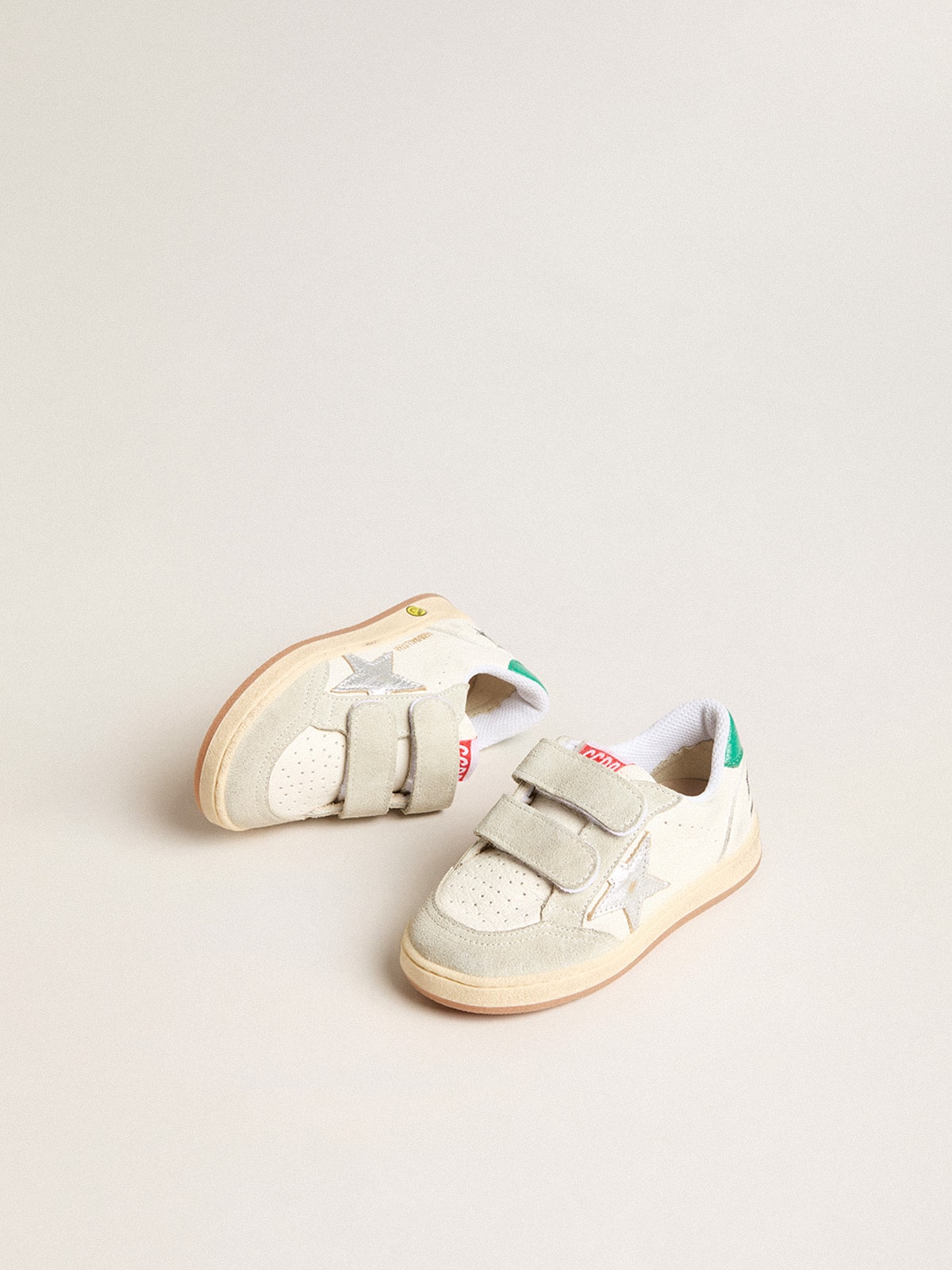 Golden Goose Junior Ball Star with silver star and green suede heel tab