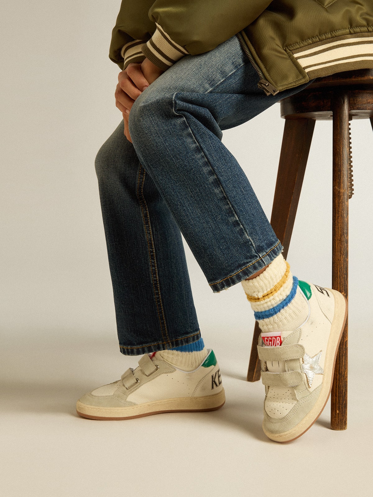 Golden Goose Junior Ball Star with silver star and green suede heel tab