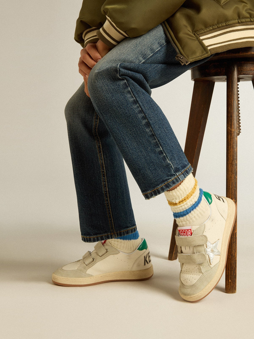 Golden Goose Junior Ball Star with silver star and green suede heel tab
