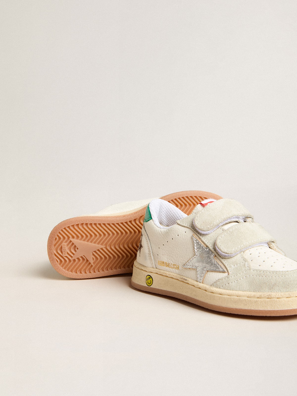 Golden Goose Junior Ball Star with silver star and green suede heel tab