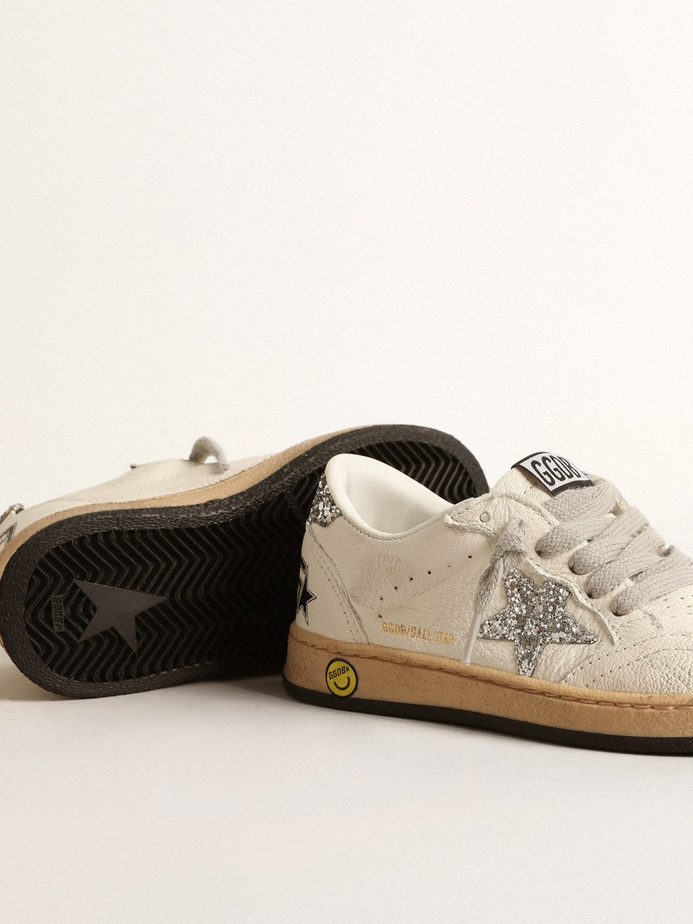 Golden Goose Ball Star Junior in nappa with silver glitter star and heel tab