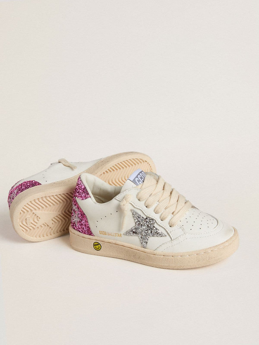 Golden Goose Junior Ball Star with silver glitter star and pink glitter heel tab