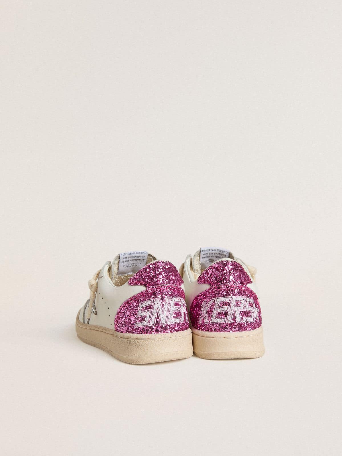 Golden Goose Junior Ball Star with silver glitter star and pink glitter heel tab