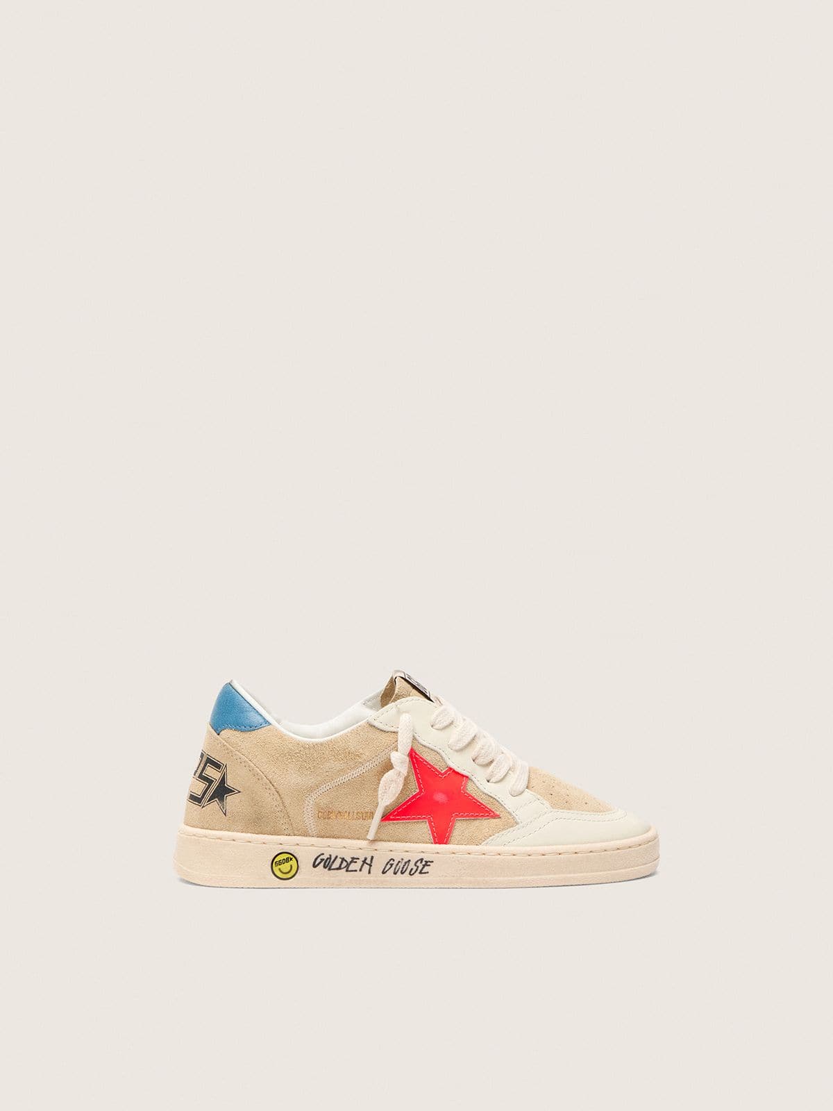 Golden Goose Ball Star Junior in beige suede with red star and light blue heel tab