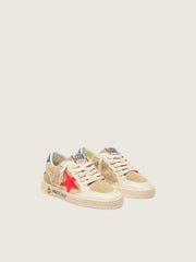 Golden Goose Ball Star Junior in beige suede with red star and light blue heel tab