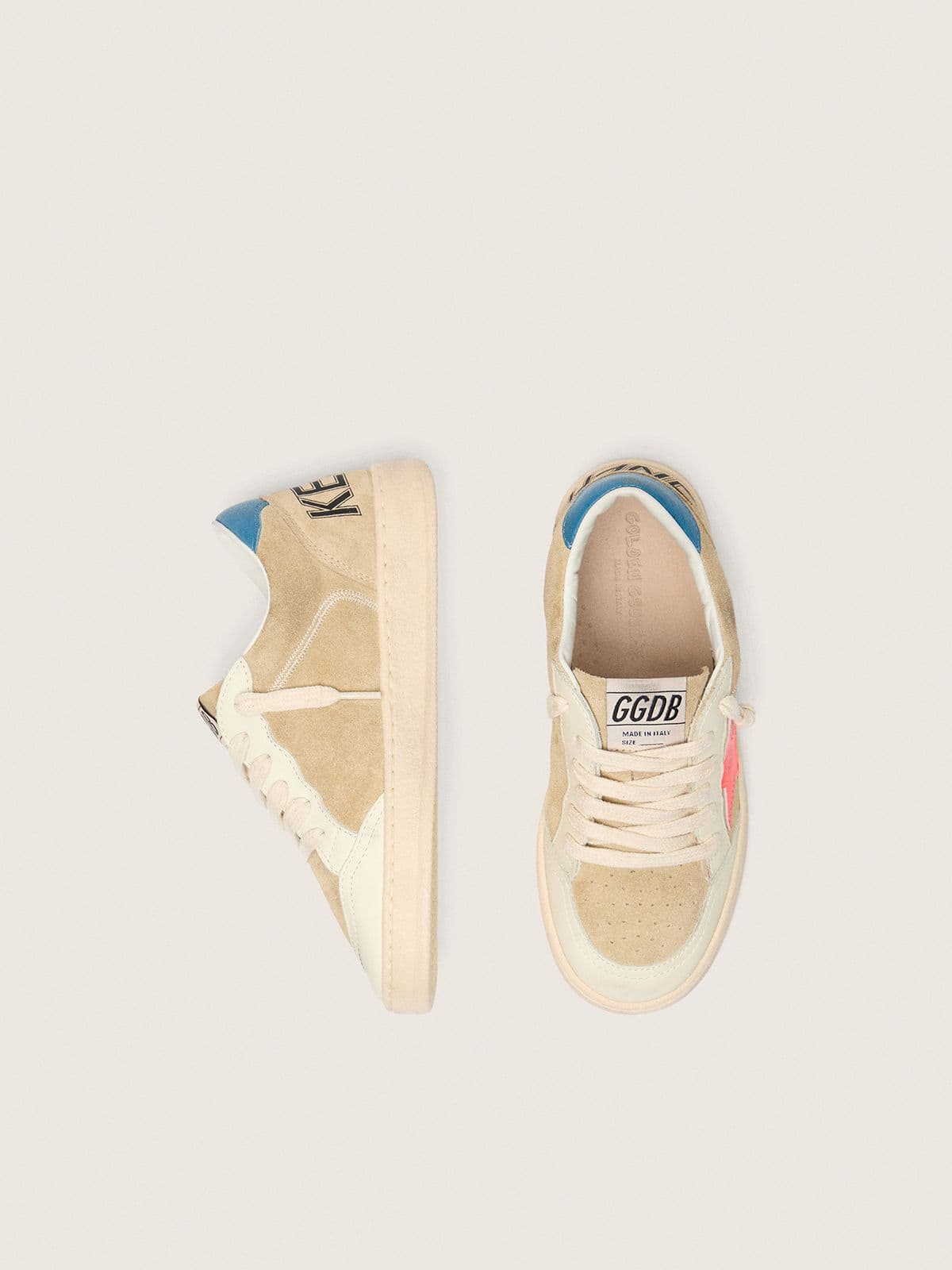 Golden Goose Ball Star Junior in beige suede with red star and light blue heel tab