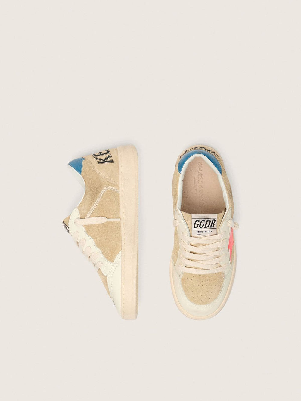 Golden Goose Ball Star Junior in beige suede with red star and light blue heel tab
