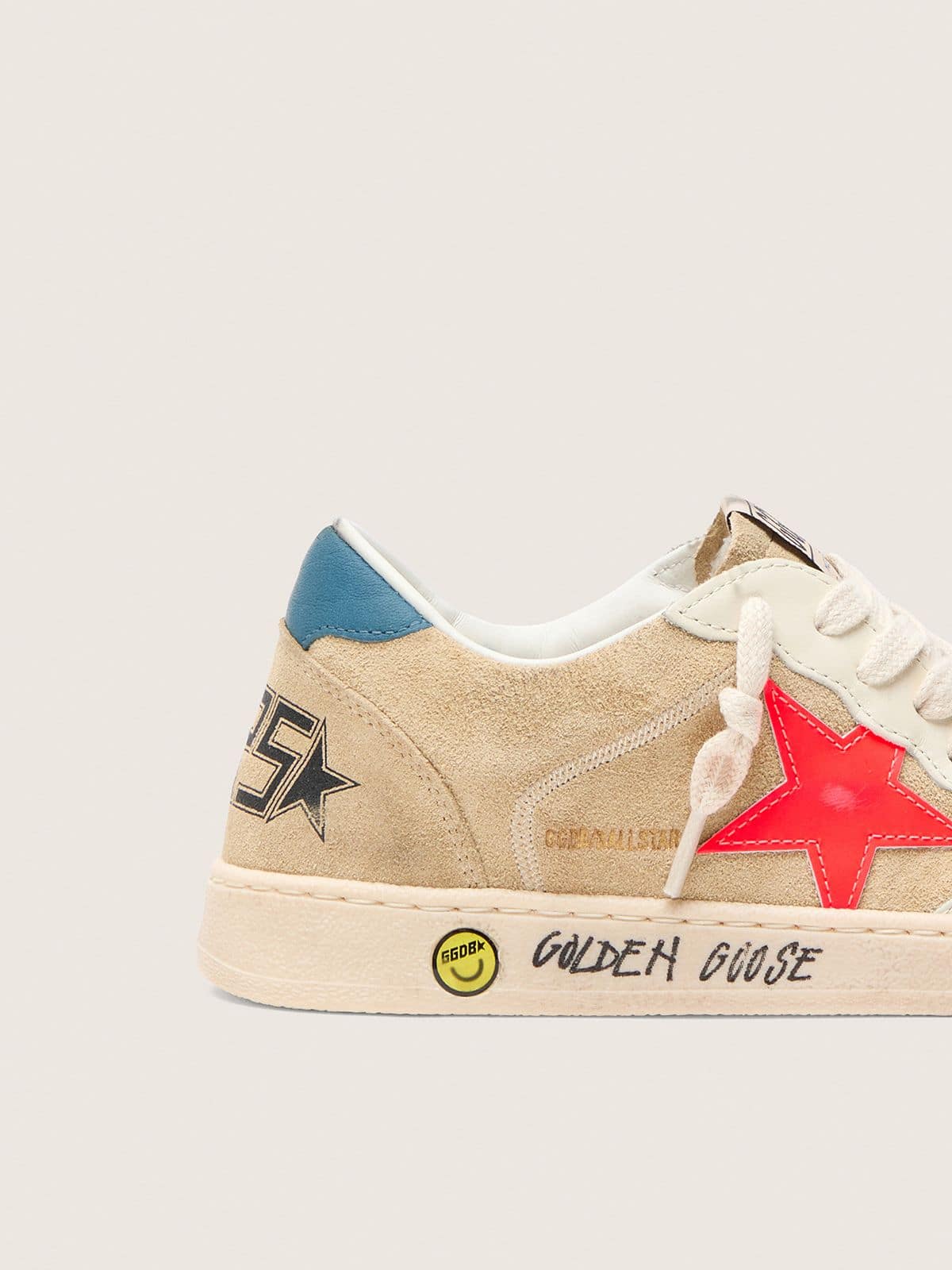 Golden Goose Ball Star Junior in beige suede with red star and light blue heel tab