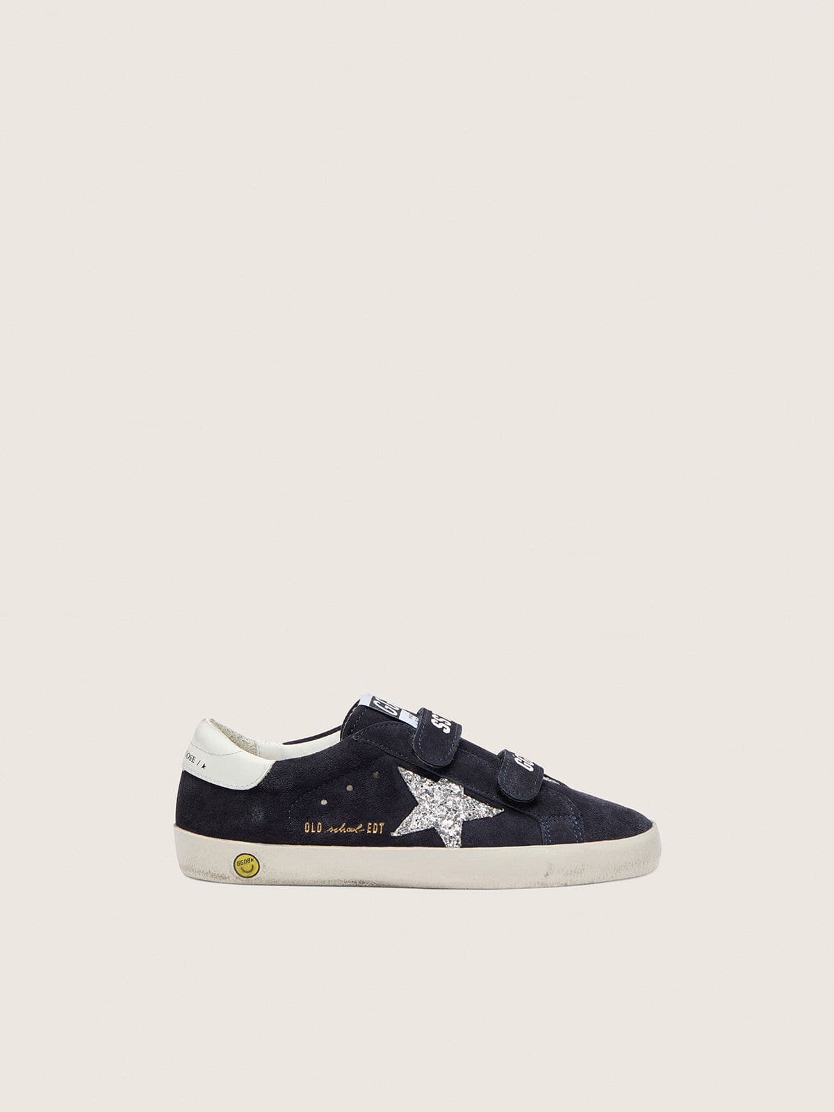 Golden Goose Junior Old School in blue suede with silver glitter star and white leather heel tab