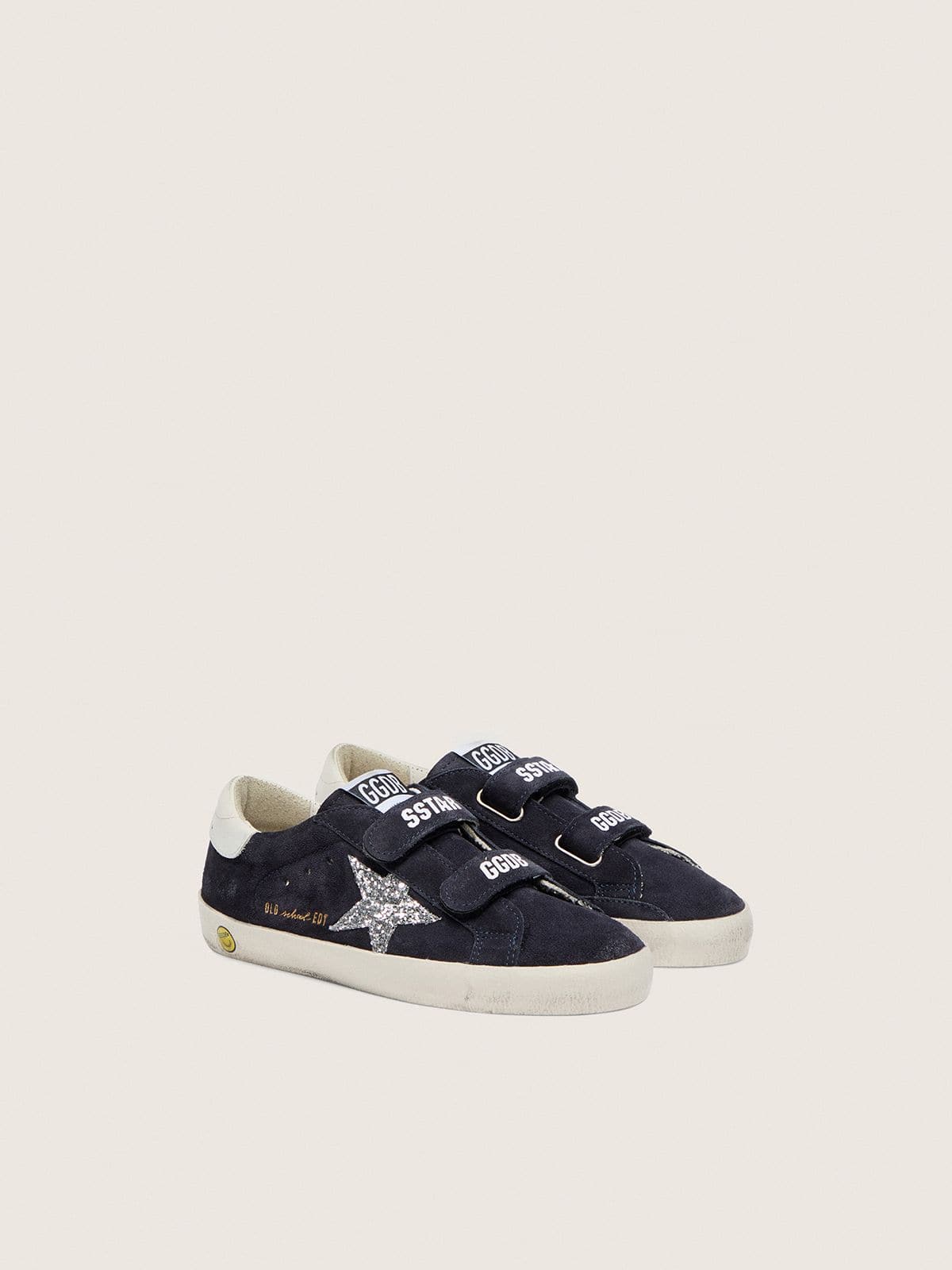 Golden Goose Junior Old School in blue suede with silver glitter star and white leather heel tab