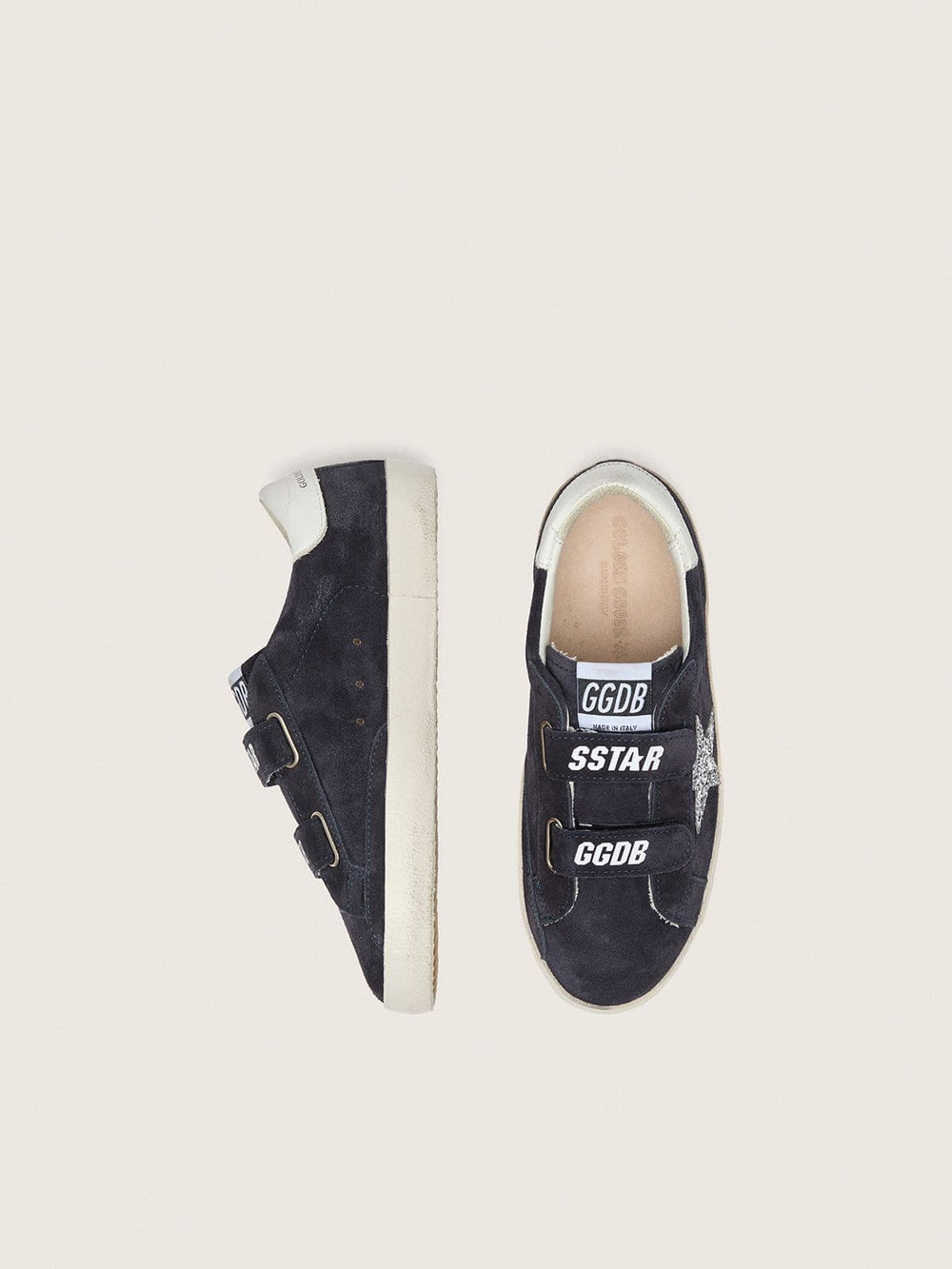 Golden Goose Junior Old School in blue suede with silver glitter star and white leather heel tab