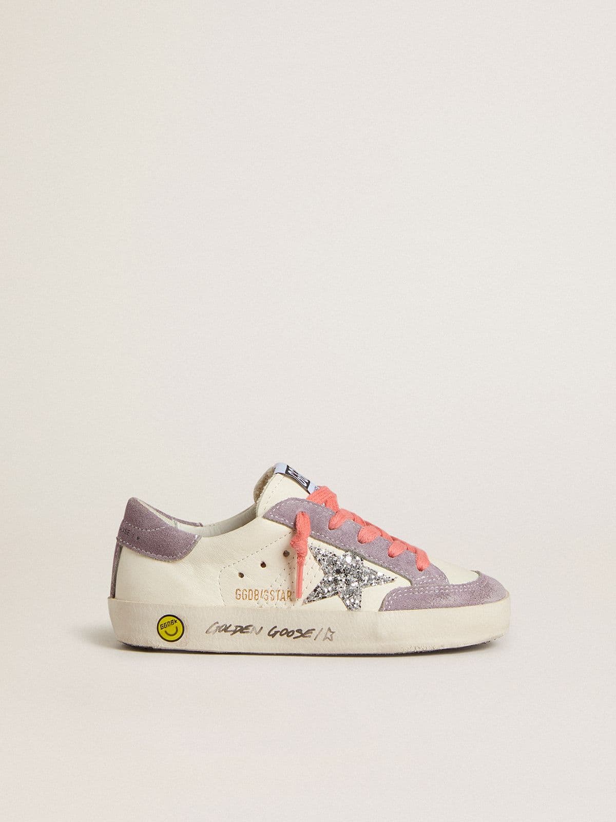 Golden Goose Junior Super-Star with silver glitter star and lilac suede inserts
