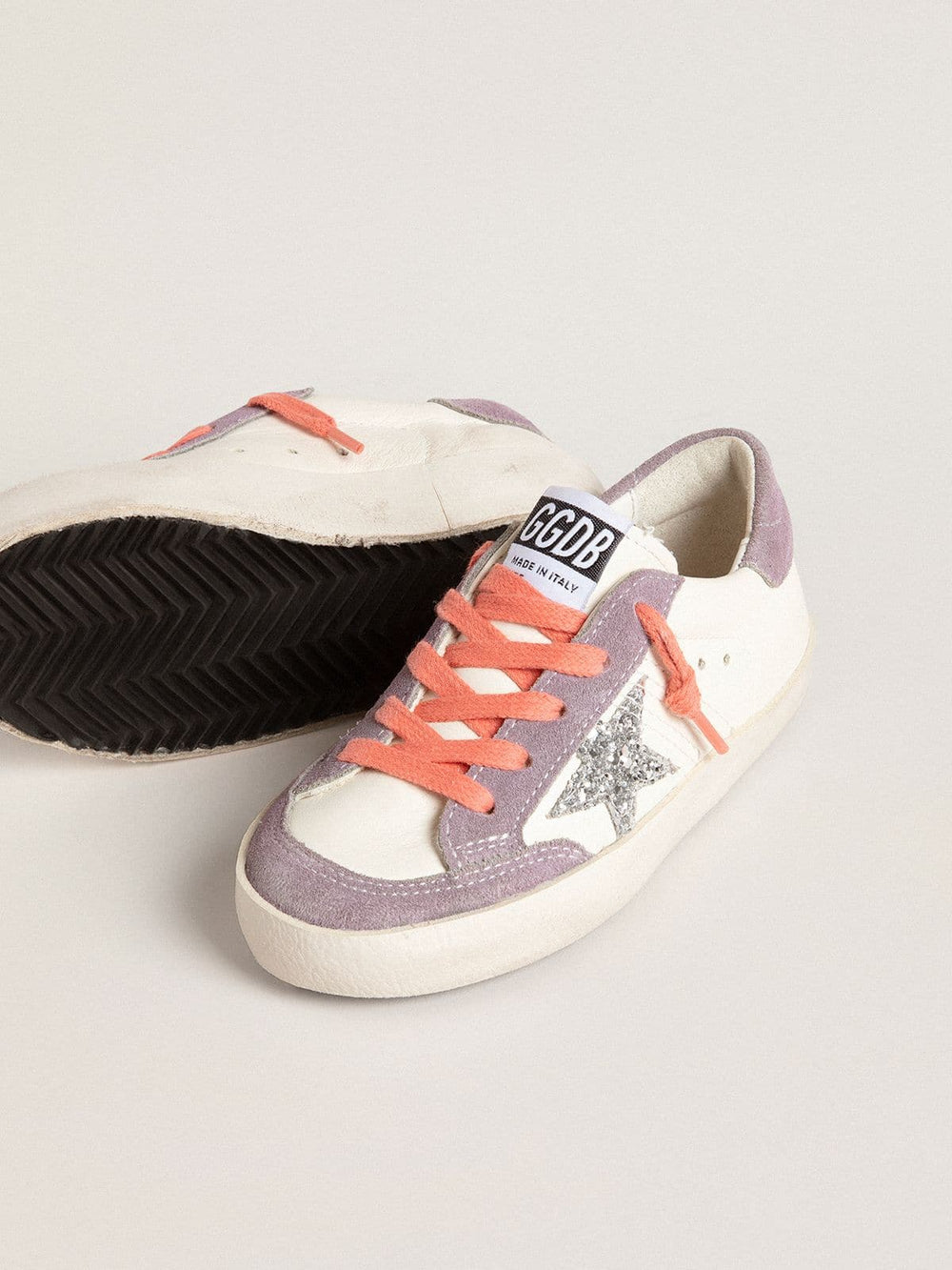 Golden Goose Junior Super-Star with silver glitter star and lilac suede inserts
