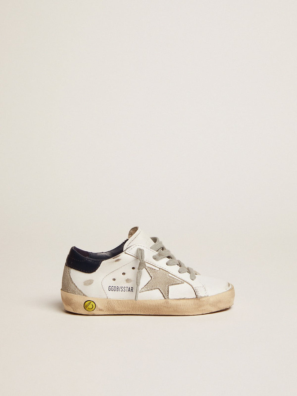 Golden Goose Junior Super-Star with gray suede star and blue heel tab