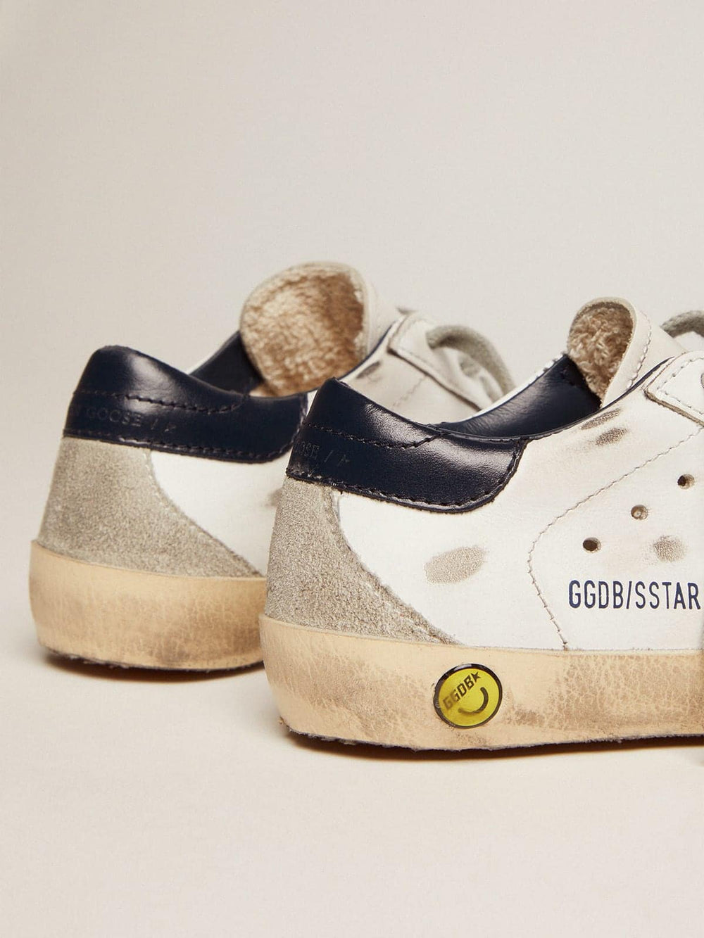 Golden Goose Junior Super-Star with gray suede star and blue heel tab