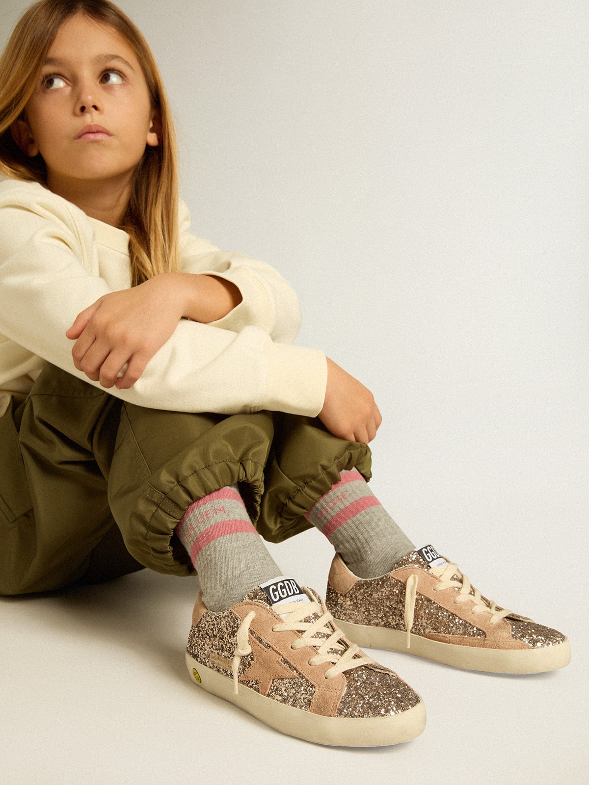 Golden Goose Junior Super-Star in glitter with suede star and heel tab