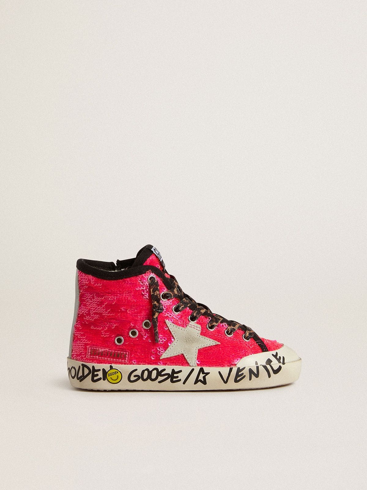 Golden Goose Young Francy in sequins with ice-gray suede star and animal-print laces
