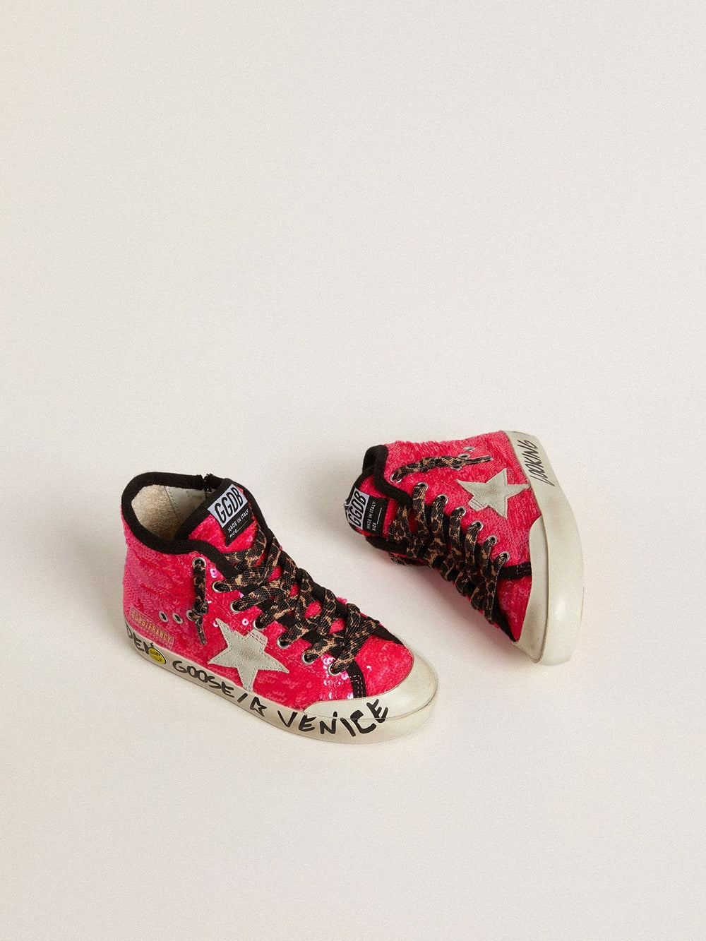Golden Goose Young Francy in sequins with ice-gray suede star and animal-print laces
