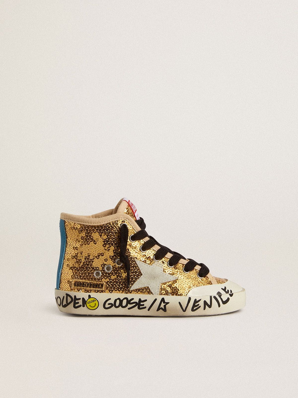 Golden Goose Young Francy Penstar in gold sequins with ice-gray suede star