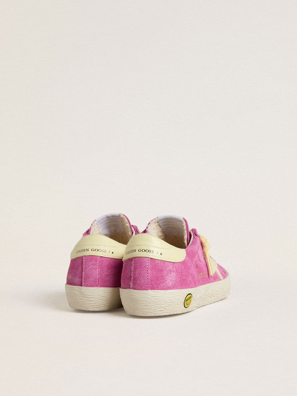 Golden Goose Junior Super-Star in pink suede with light yellow star and heel tab