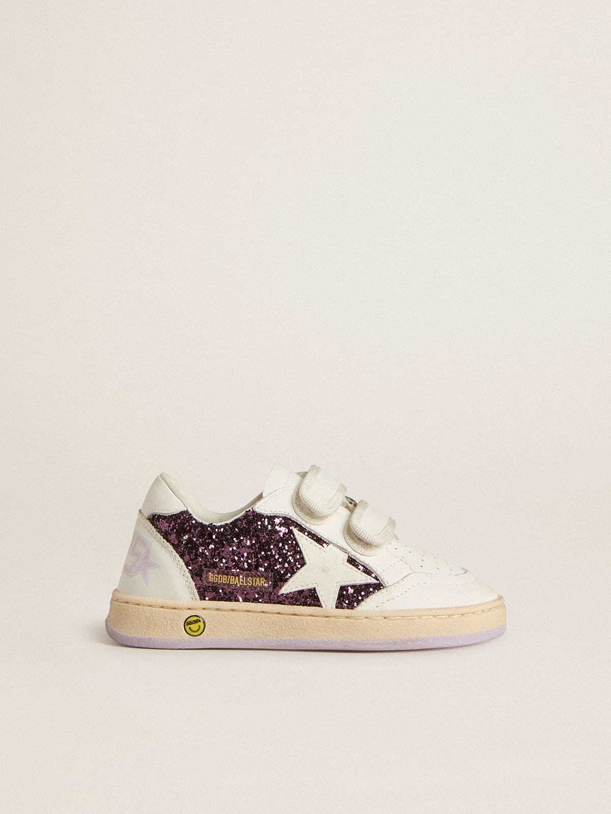 Golden Goose Young Ball Star in purple glitter with white leather star and heel tab