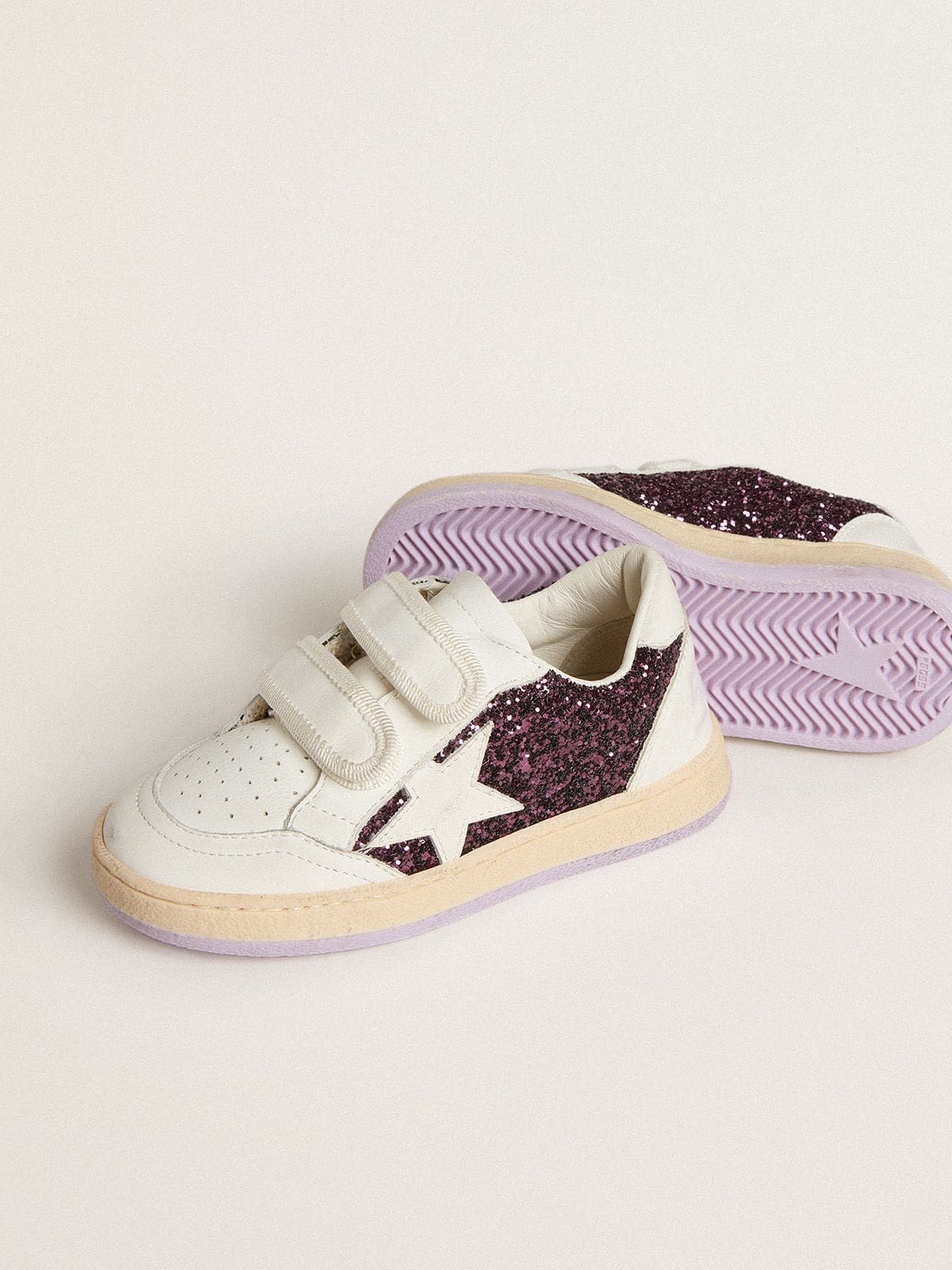 Golden Goose Young Ball Star in purple glitter with white leather star and heel tab
