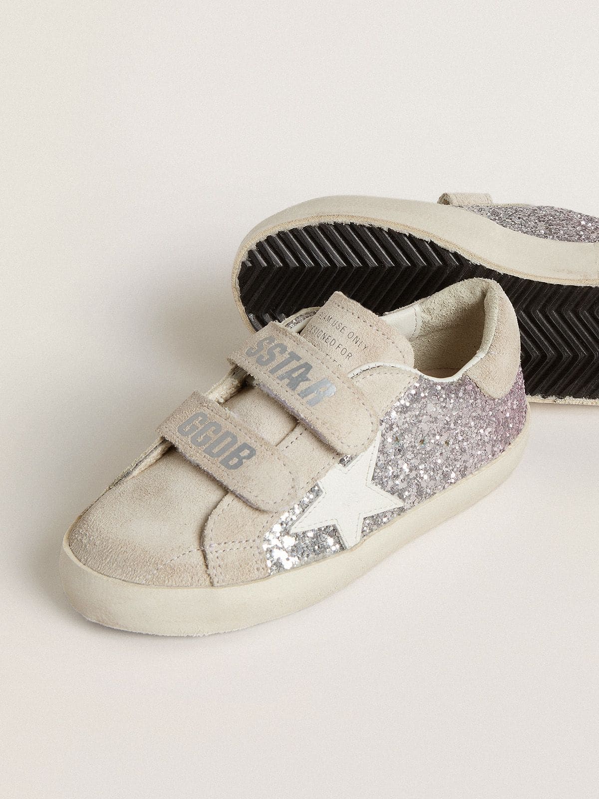 Golden Goose Young Old School in silver and pink glitter with white leather star