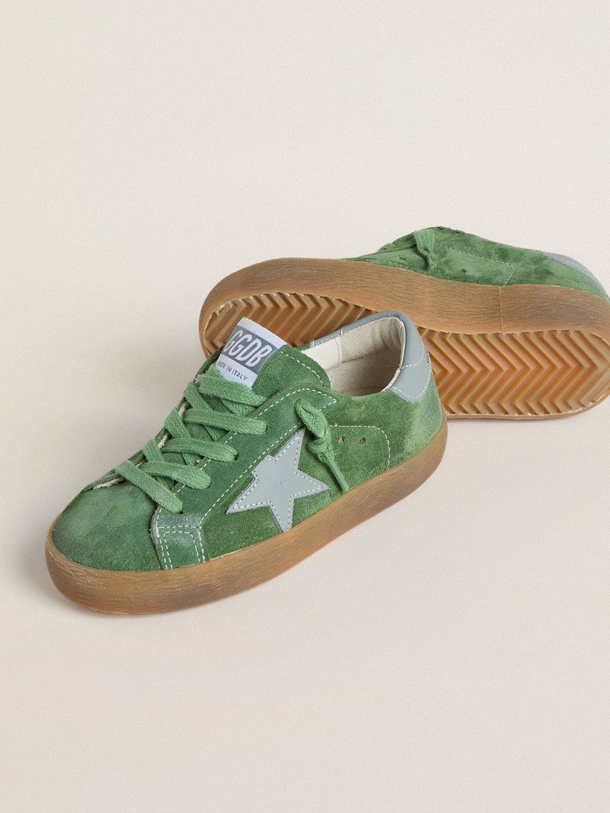 Golden Goose Young Super-Star in green suede with baby blue star and heel tab