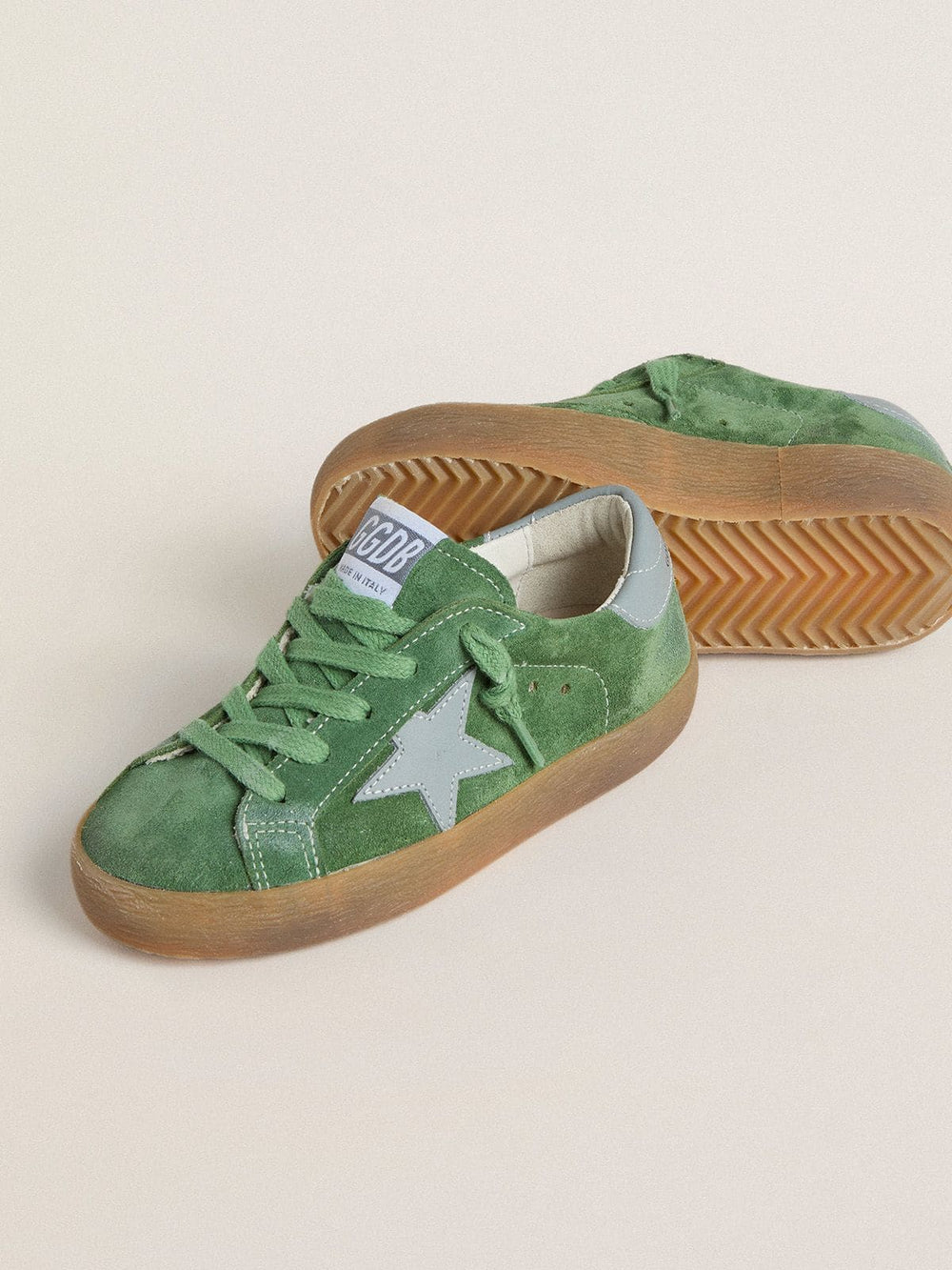 Golden Goose Young Super-Star in green suede with baby blue star and heel tab