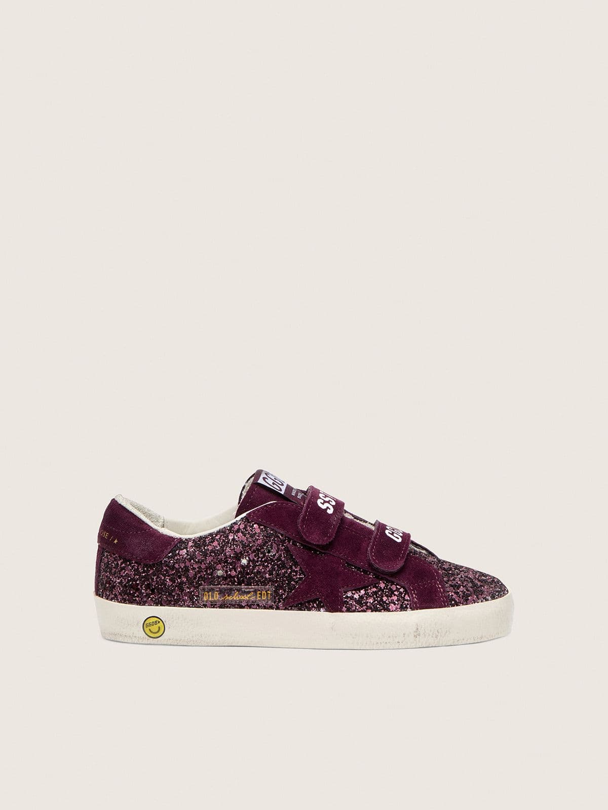 Golden Goose Young Old School in burgundy glitter with burgundy suede star and heel tab
