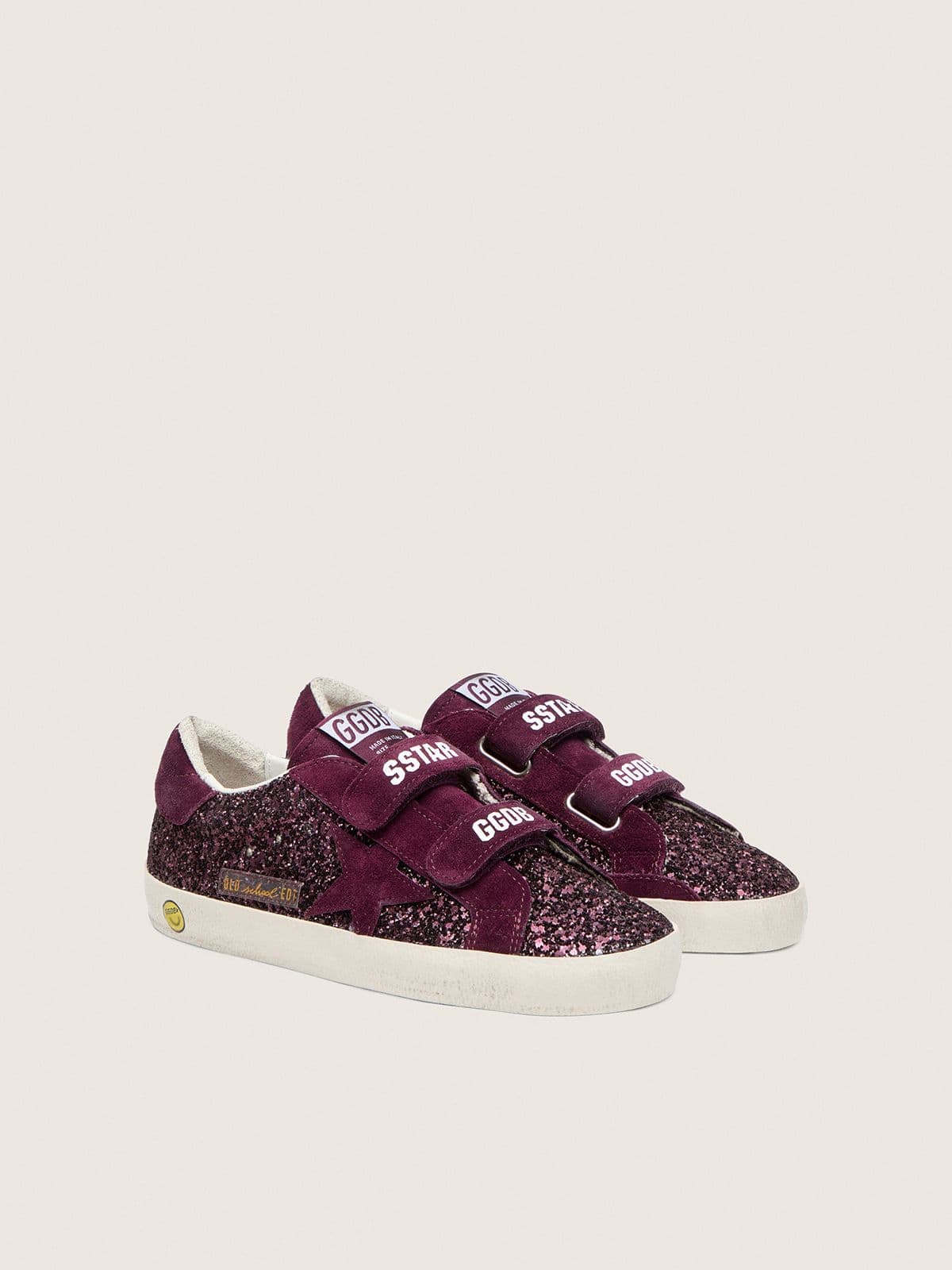Golden Goose Young Old School in burgundy glitter with burgundy suede star and heel tab