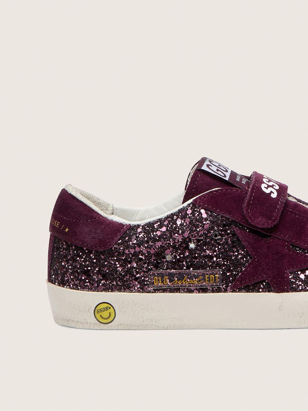 Golden Goose Young Old School in burgundy glitter with burgundy suede star and heel tab