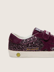 Golden Goose Young Old School in burgundy glitter with burgundy suede star and heel tab