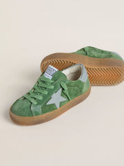 Golden Goose Junior Super-Star in green suede with baby blue star and heel tab