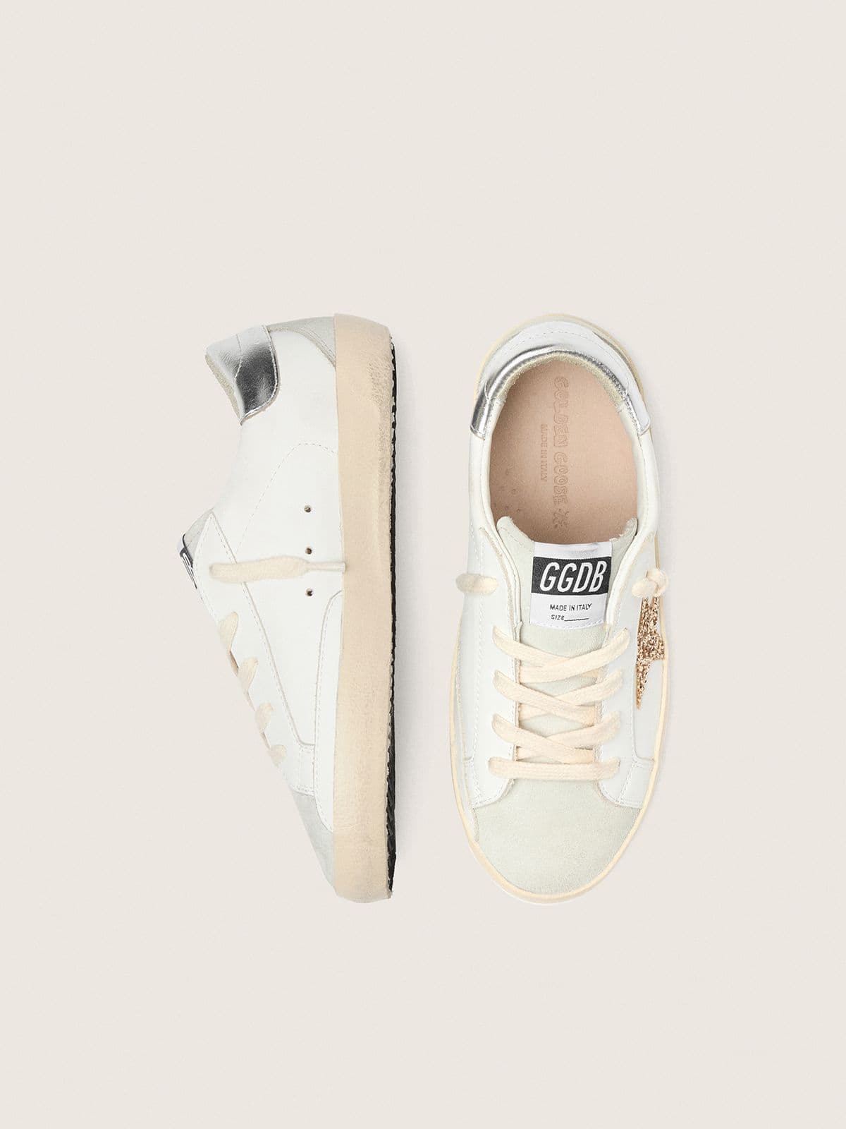 Golden Goose Young Super-Star with gold glitter star and silver metallic leather heel tab